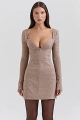 Angelie-Brown Puppytooth Check Plunge Mini Dress - SALE