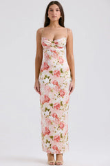 pink peony print satin maxi dress