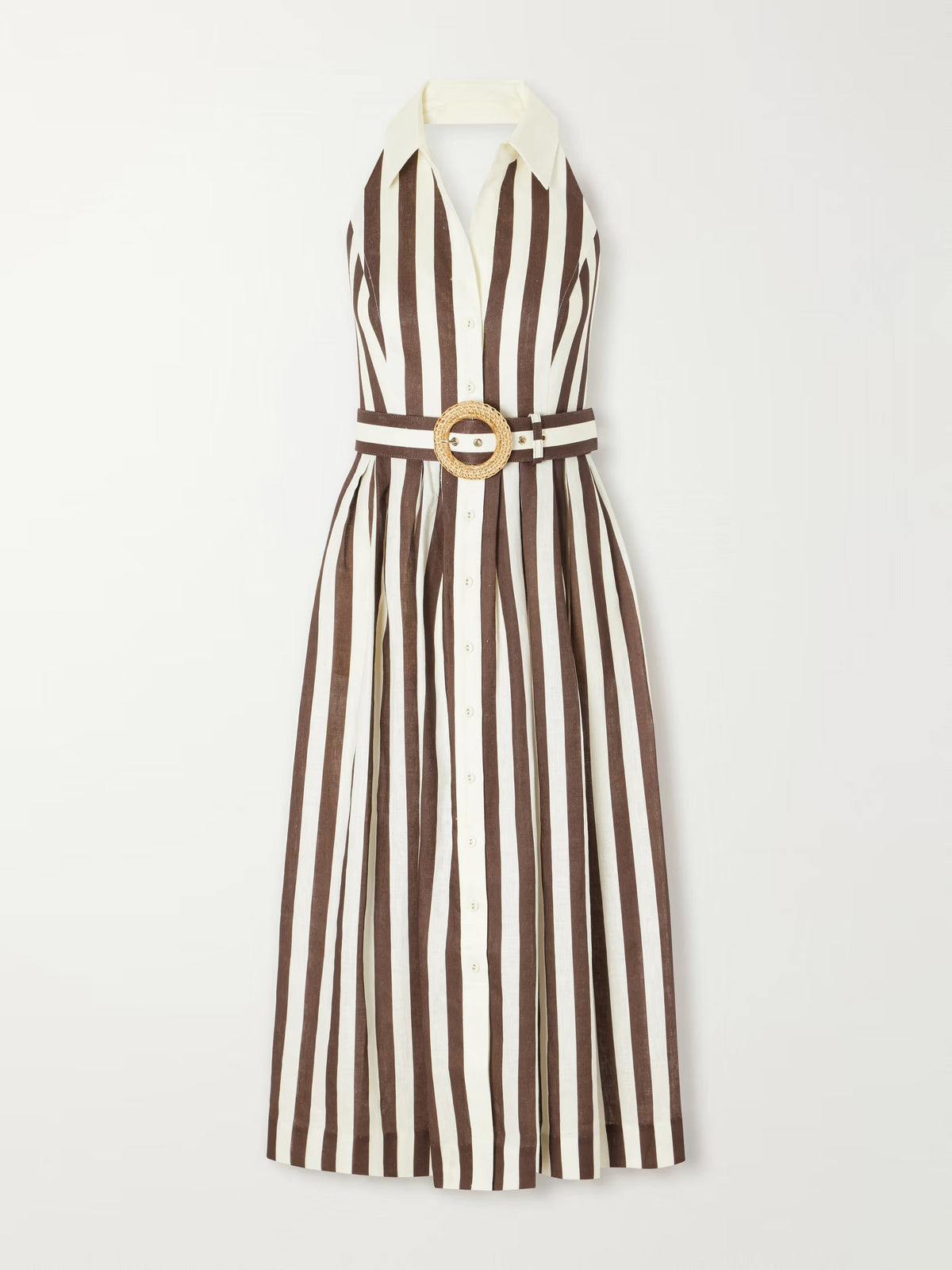 Quentin belted pleated striped cotton-poplin halterneck midi dress