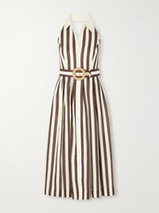 Quentin belted pleated striped cotton-poplin halterneck midi dress