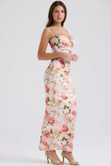 pink peony print satin maxi dress
