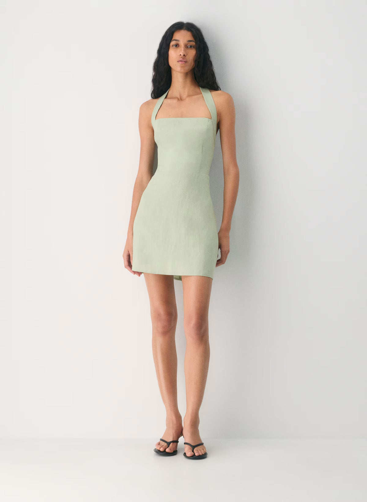 Organic linen halter mini dress-silver sage green