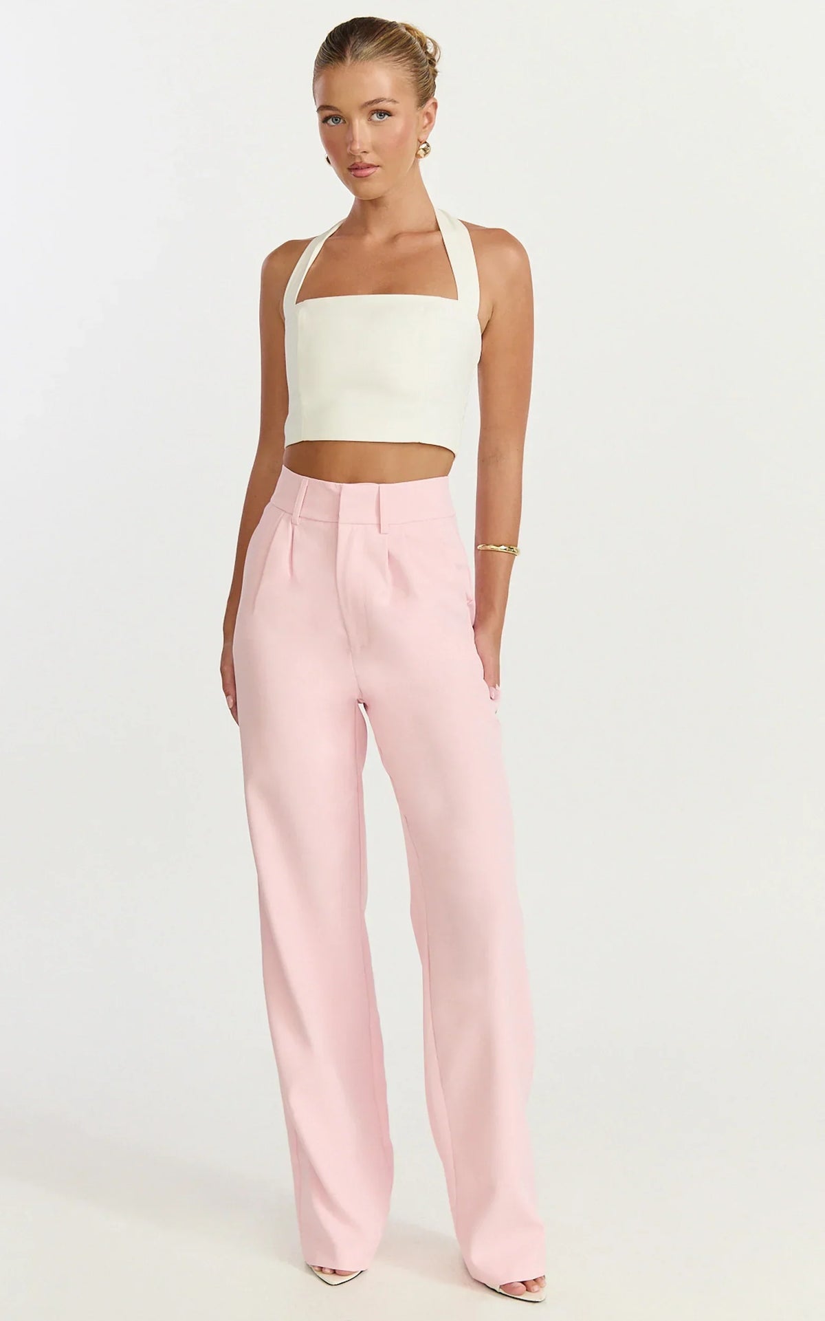 Melissa Pants - Pleat Front Wide Leg Tailored Pants in Pink