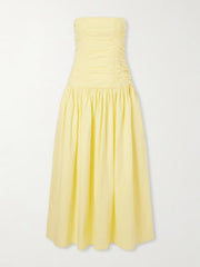 Strapless ruched organic cotton-poplin midi dress