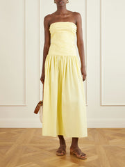 Strapless ruched organic cotton-poplin midi dress