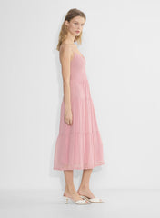 Chiffon tiered V-neck midi dress— tart pink