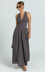 Abby Midi Dress - Sleeveless V-Neckline Dress in Chocolate Polkadot