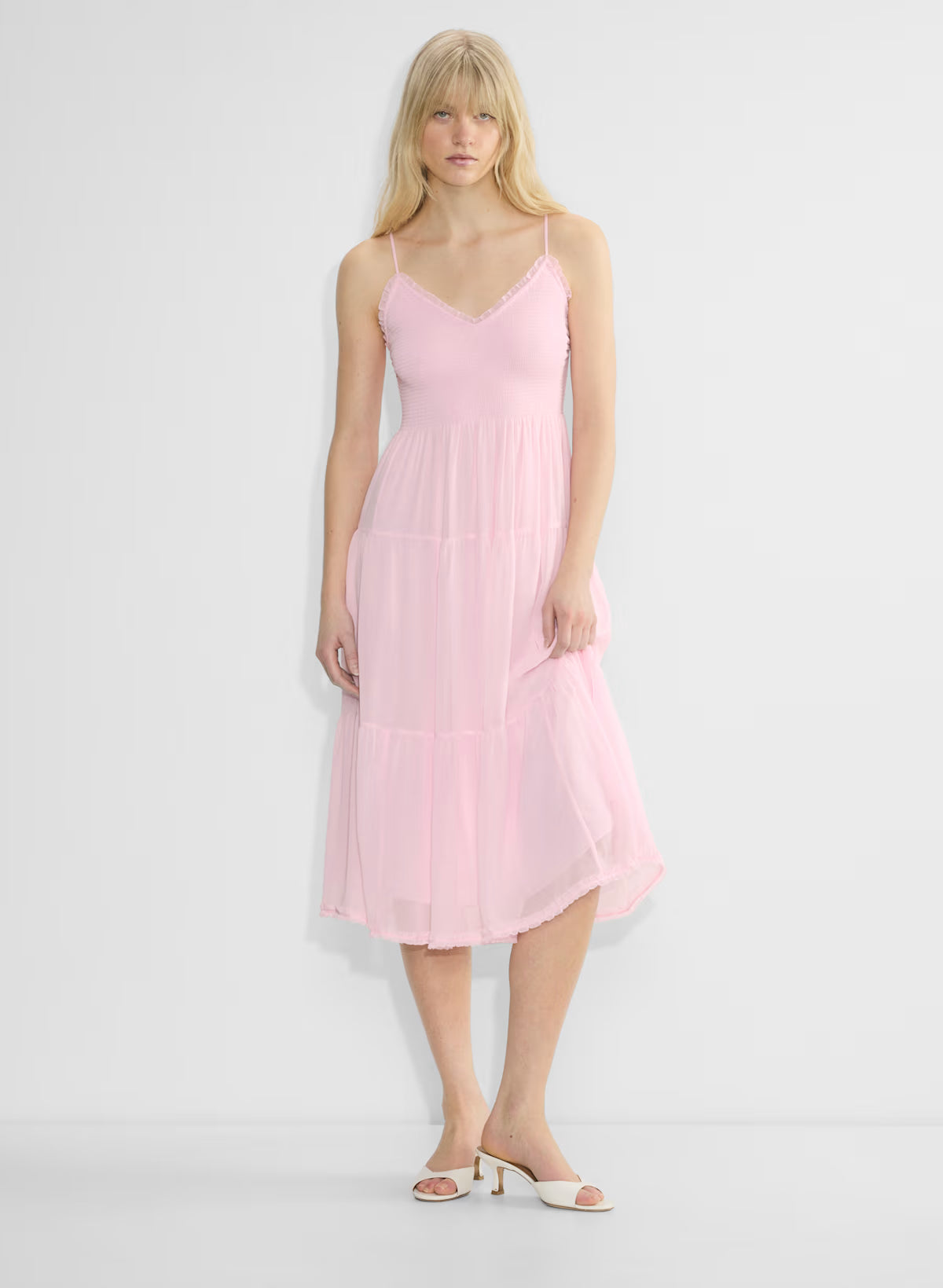 Chiffon tiered V-neck midi dress— villa pink