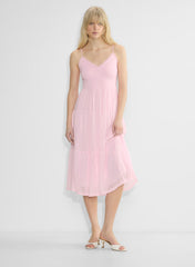 Chiffon tiered V-neck midi dress— villa pink