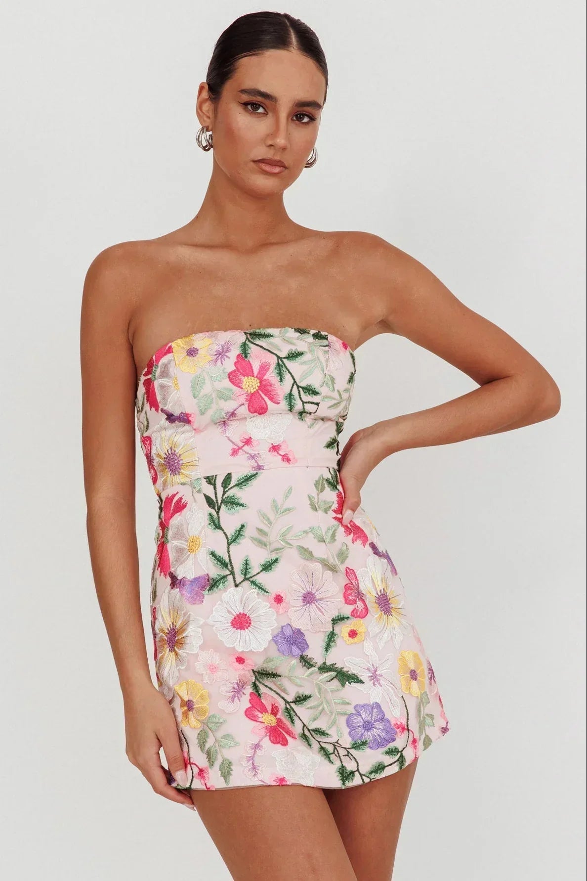 Gardenia Mini Dress - Strapless Floral Embroidered Mini