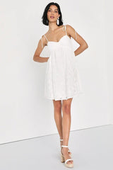 Angelic Admiration White Lace Tie-Shoulder Babydoll Mini Dress