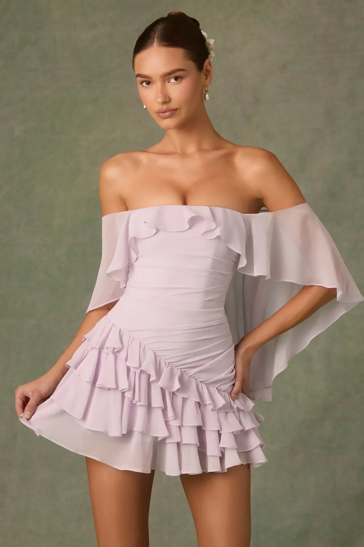 Off-Shoulder Ruffled Mini Dress In Lilac