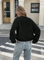 Women’s Tie-Front Cardigan – Cropped Knit Layer with Contrast Trim