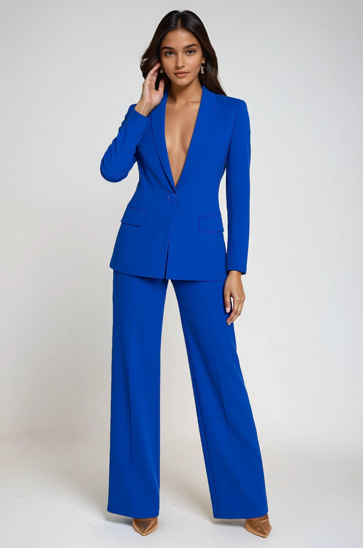 Ladies Plunging Trouser Suit Set – Single-Button Blazer, Straight-Leg