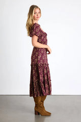 Adorable Ideal Burgundy Floral Print Tiered Ruffled Midi Dress