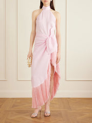 Athena halterneck fringe-trimmed linen midi dress