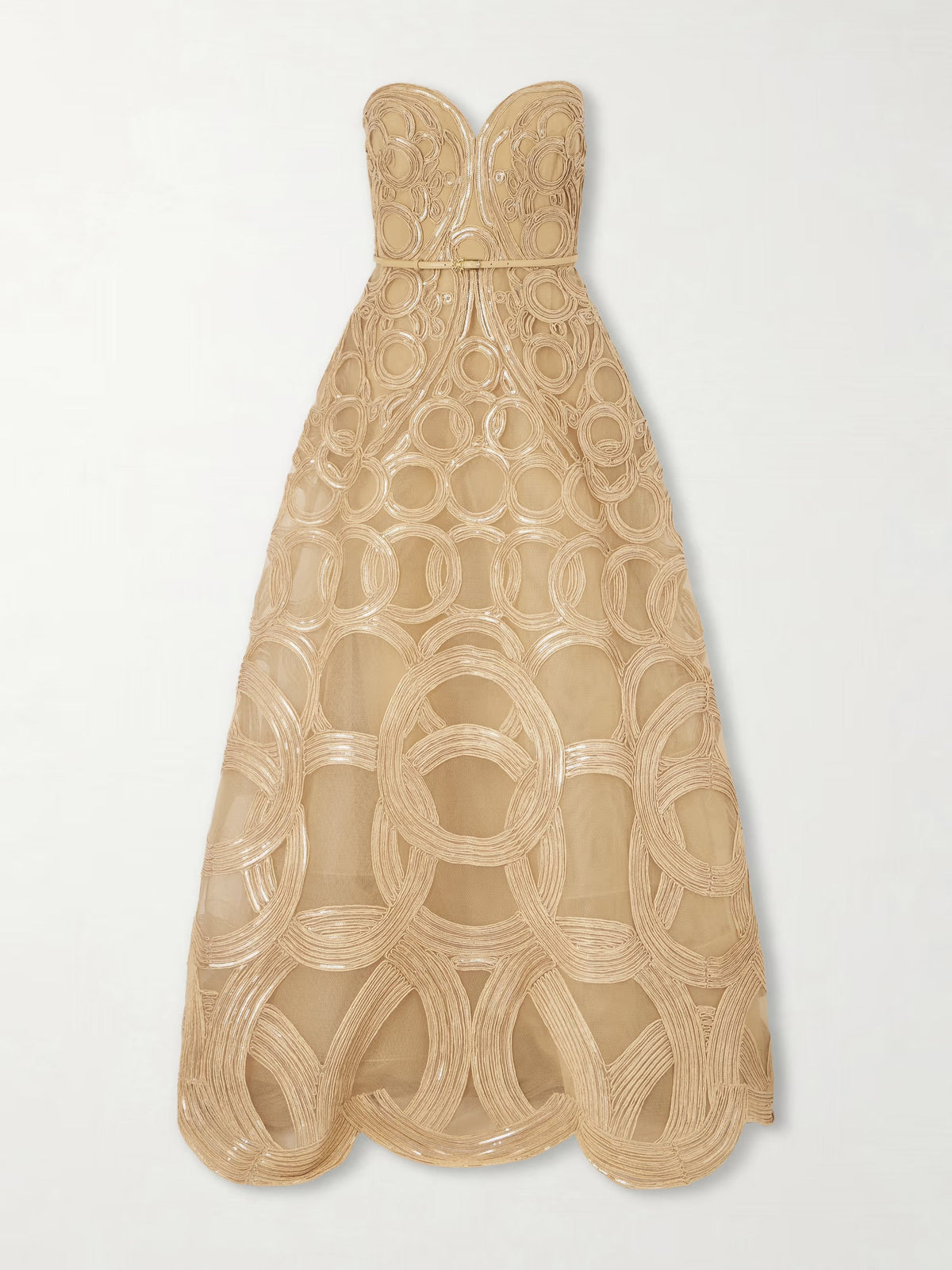 Strapless sequin-embellished raffia-trimmed tulle midi dress