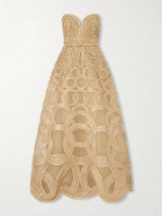 Strapless sequin-embellished raffia-trimmed tulle midi dress