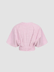 Cotton-blend V-neck Stripe Ruched Dolman Sleeve Shirt
