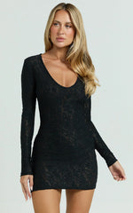 Harvey Mini Dress - Stretch Lace Scoop Neck Long Sleeve Bodycon Dress in Black