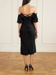 Off-the-shoulder draped satin midi dress