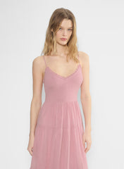Chiffon tiered V-neck midi dress— tart pink