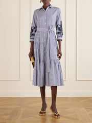 Belted tiered embroidered striped cotton-poplin midi dress