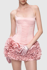 Cindia Floral Lace Up Corset Two Piece Set - Pink