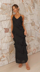 Women’s Ruffle Maxi Dress – Halter Neck, Tiered Layers