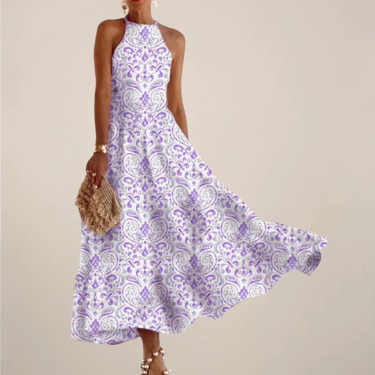 Women’s Printed Halter Neck Maxi Dress – A-Line Flowy Summer Dress