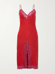 Lace-trimmed silk-satin midi dress