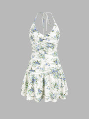 Halter V-neck Floral Layered Ruffle Hem Mini Dress