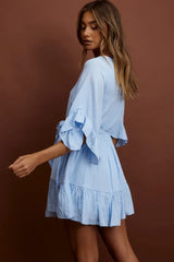 Joni Batwing Sleeve Waist Tie Dress Ruffle Blue