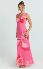 Iris Maxi Dress - Sleeveless V Neckline Dress in Fuschia Floral