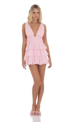 Plunge Neck Ruffle Dress in Pink