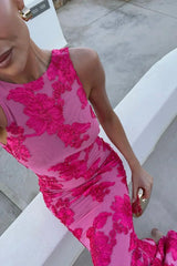 Women's Pink Floral Embroidered Maxi Dress - Bodycon Sleeveless Formal