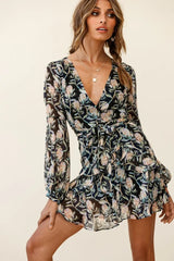 Kerry Layered Balloon Sleeve Dress Banksia Print Black