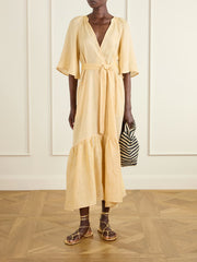 Audacieuse belted tiered linen midi dress