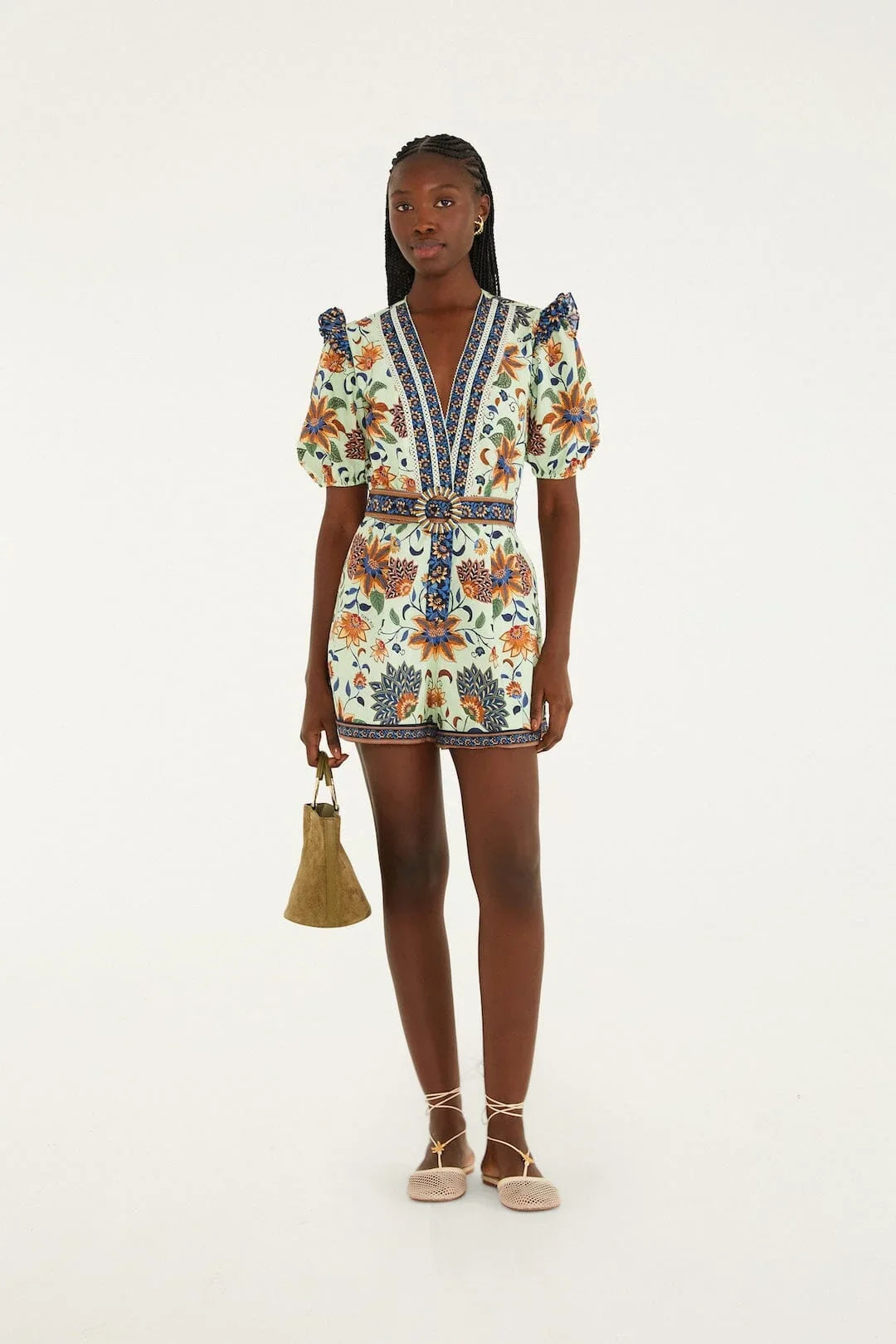 Light Green Floral Delhi Tapestry Belted  Romper