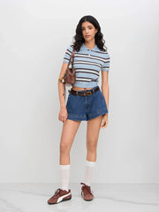 Knit Polo Collar Stripe Short Sleeve Top