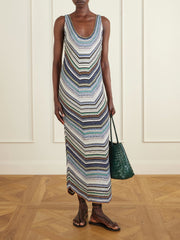 Striped metallic crochet-knit midi dress