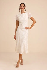 Bridget Ivory Floral Jacquard Puff Sleeve Midi Dress