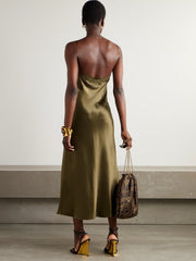 Lace-trimmed silk-satin midi dress