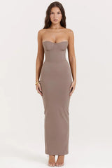 taupe strapless corset maxi dress