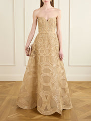 Strapless sequin-embellished raffia-trimmed tulle midi dress