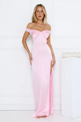 Spark Babe Off Shoulder Satin Maxi Dress Pink