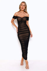 Power Moves Off Shoulder Mesh Maxi Dress Black