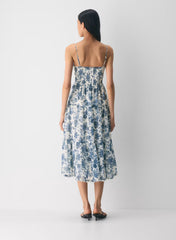 Chiffon tiered V-neck midi dress with floral pattern— lt birch/ admiral