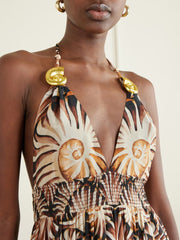 Embellished printed shirred tiered georgette halterneck midi dress