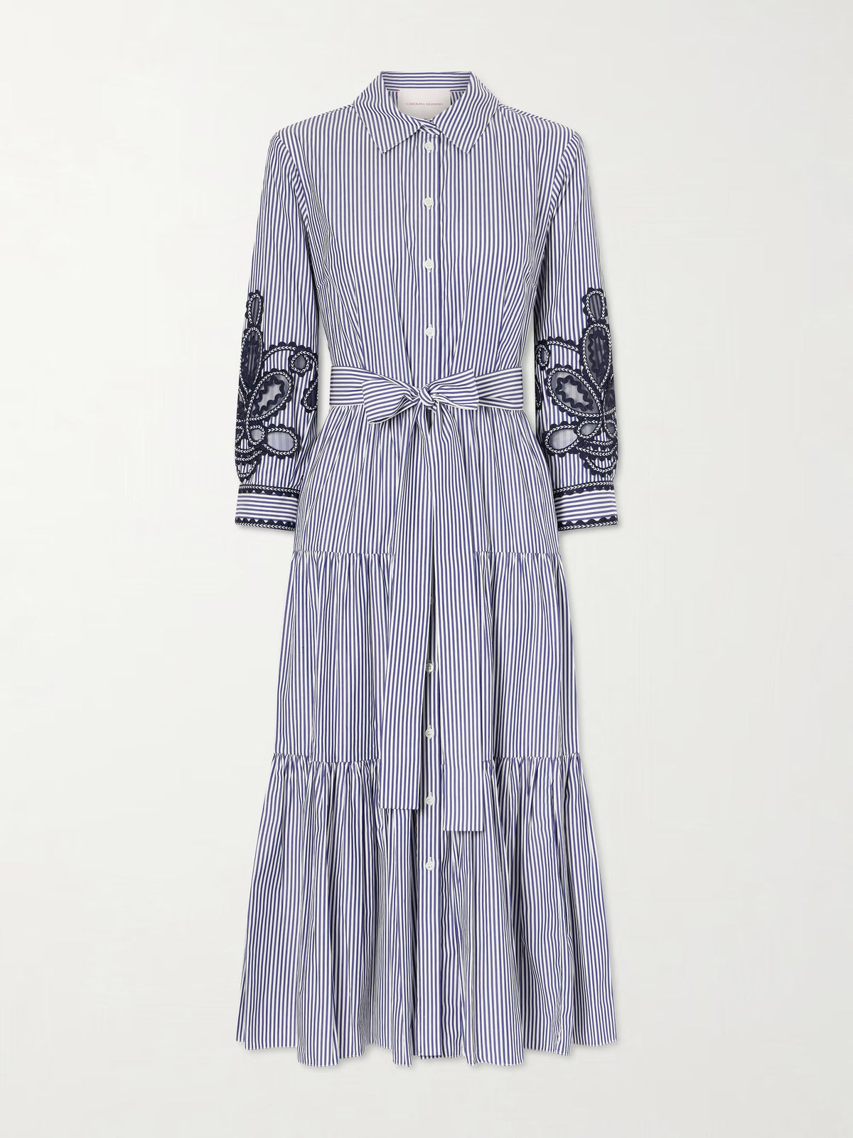 Belted tiered embroidered striped cotton-poplin midi dress